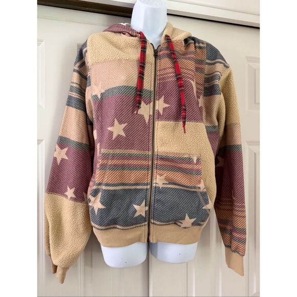 BDG by Urban Outfitters Hunter Patchwork Fleece Zip Up Hoodie Sweatshirt in Blan - Picture 3 of 8